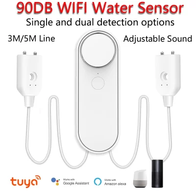Detector de vazamento de água wi-fi, 3m/5m, 90db, sensor de inundação de água duplo, aplicativo smart life, monitoramento remoto, alerta de inundação, segurança de transbordamento