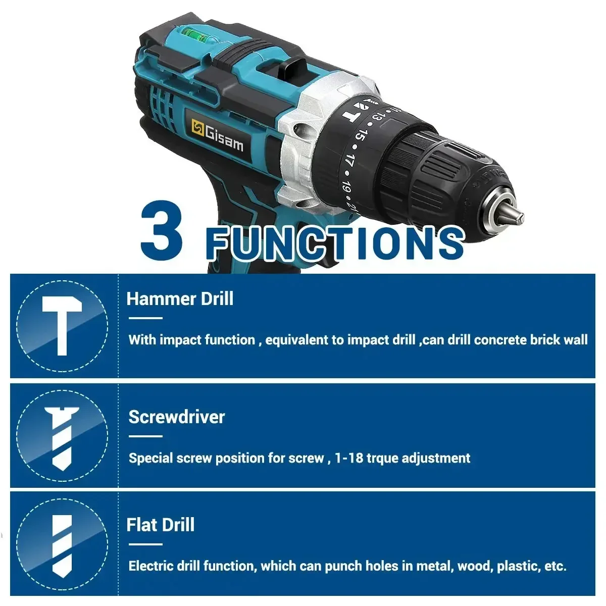 Gsiteis bateria chave de fenda impacto multifuncional sem fio furadeira ferramenta elétrica 25 + 3 configuração torque 2 velocidade engrenagem chave de fenda elétrica - Image 3