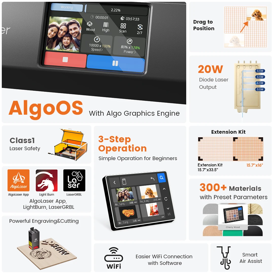 AlgoLaser Alpha 22W Máquina de corte a laser empresarial 3,5 "Tela sensível ao toque APP Controle offline, ferramenta de gravação DIY para metal/vidro/madeira - Image 2