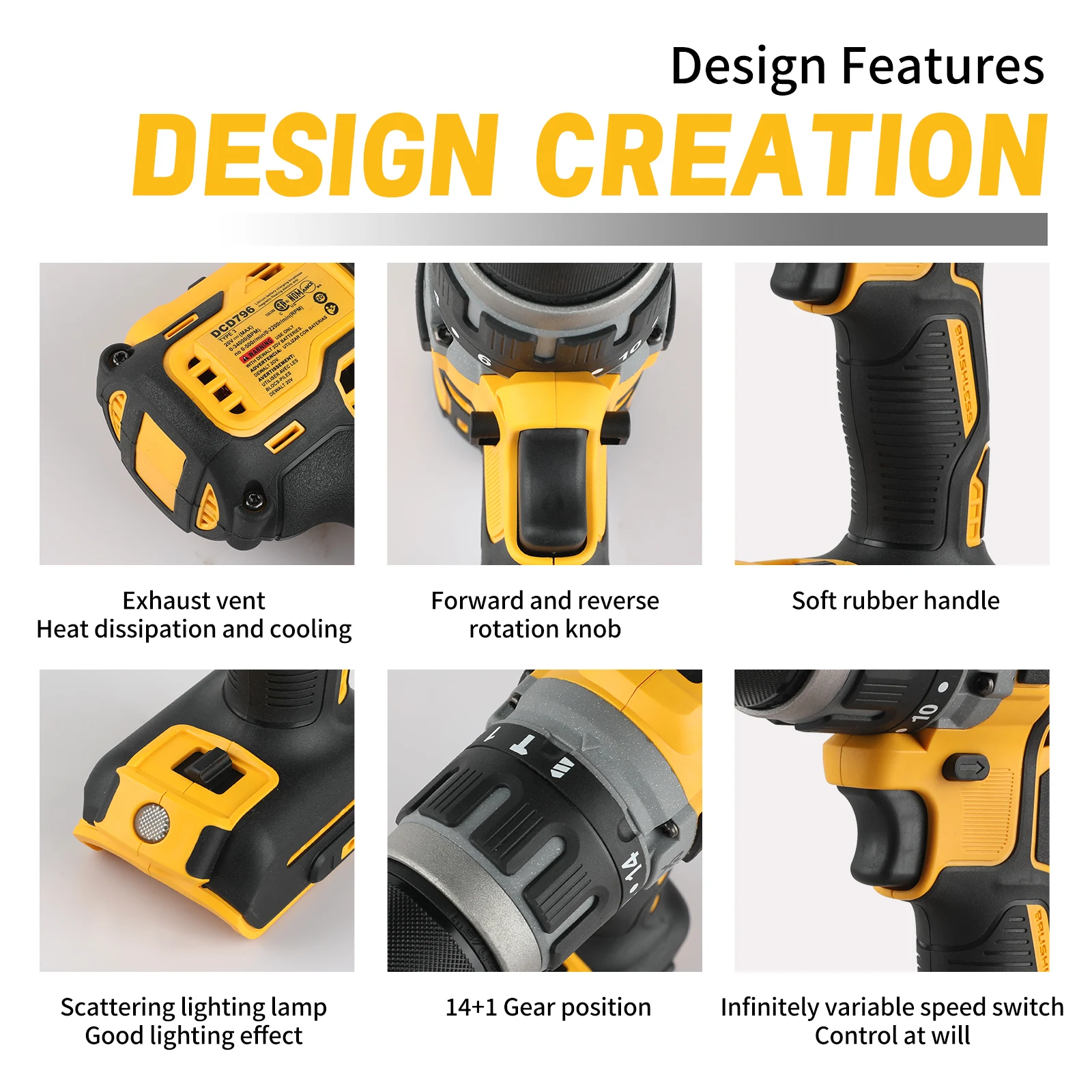 Broca DeWALT DCD796: 20V, motor sem escova, torque de 70Nm, 14 + 1 engrenagens de embreagem, 0-2200rpm e design ergonômico para uso preciso e confortável - Image 6