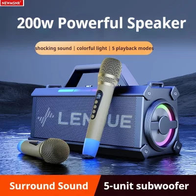 Newmsn 200w choque baixo luz colorida alto-falante bluetooth com 2 microfone portátil som estéreo sem fio subwoofer boombox casa karaokê