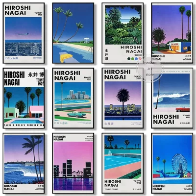 Vintage japonês 80s hiroshi nagai ilustrações vaporwave praia arte cartazes pintura em tela impressões de parede imagem sala decoração casa