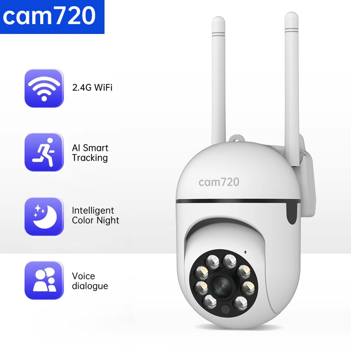 Cam720 HD WiFi Câmeras IP Smart Home Câmera de vigilância de segurança sem fio Al Rastreamento Áudio bidirecional Câmera PTZ colorida noturna