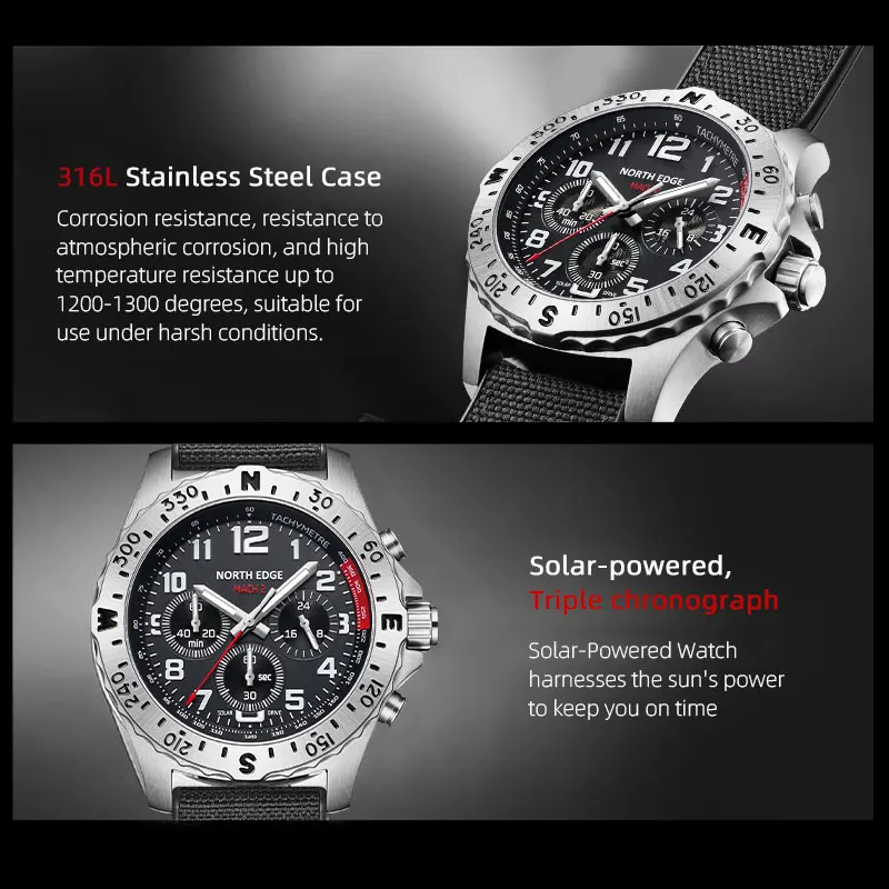 North edge 2025 mach 2 relógios masculinos energia solar 316 caixa de aço inoxidável relógio de quartzo para homem piloto à prova dwaterproof água 50m cronômetro - Image 5