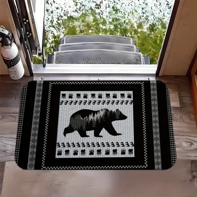 Tapete de área de capacho de boas-vindas com padrão de casa de urso - lavável à máquina, flanela premium - para sala de estar, quarto, cozinha