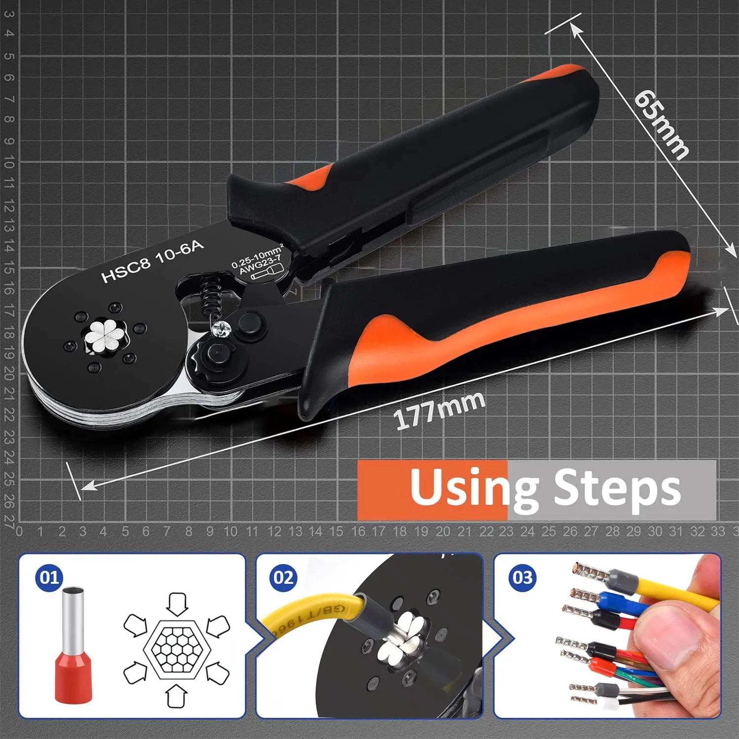 Hexagonal Auto-Ajustável Ratchet Virola Crimping Tool Kit, Crimper Kit com Mangas Virola, Terminais de Fio, 23-7AWG, 0.25-10 mm2 - Image 4