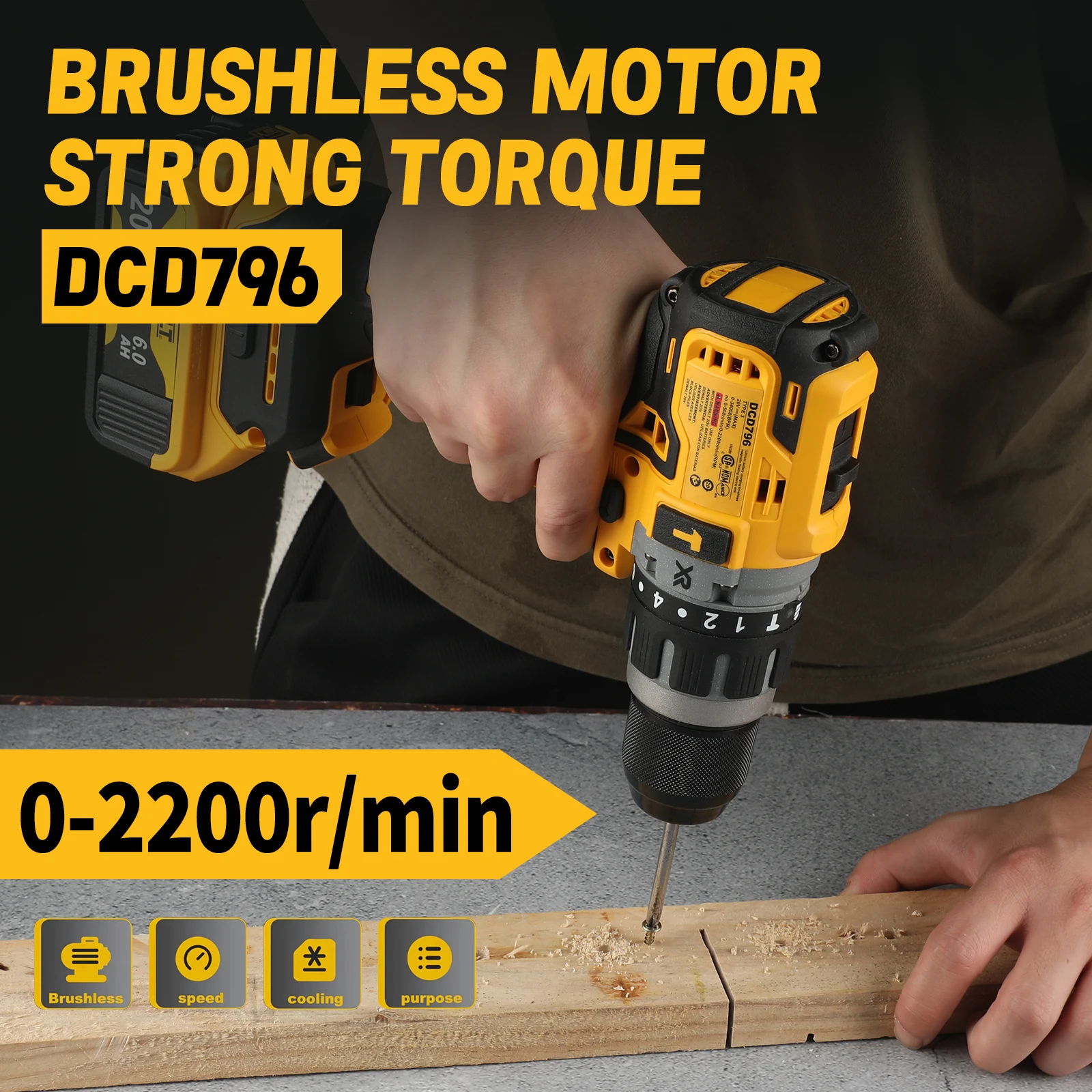 Broca DeWALT DCD796: 20V, motor sem escova, torque de 70Nm, 14 + 1 engrenagens de embreagem, 0-2200rpm e design ergonômico para uso preciso e confortável - Image 3