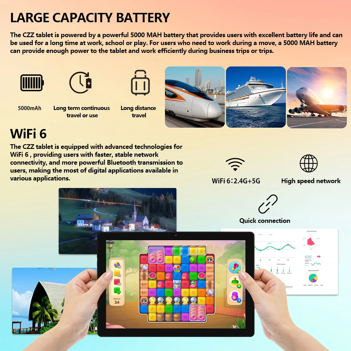 URAO C10 Tablet 10.1 Inch Android 14 Phablet 8GB(3+5) RAM 64GB ROM (1TB TF) Widevine L1 HD Octa-Core 2.0 GHz WiFi6 Bluetooth 5.0 - Image 6