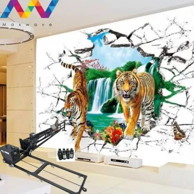 Máquina de impressão de parede jato de tinta 3d vertical cmykw, imagem inteligente, ferramenta de papel de parede para escritório, academia, comida, barbeiro, impressão de reboque