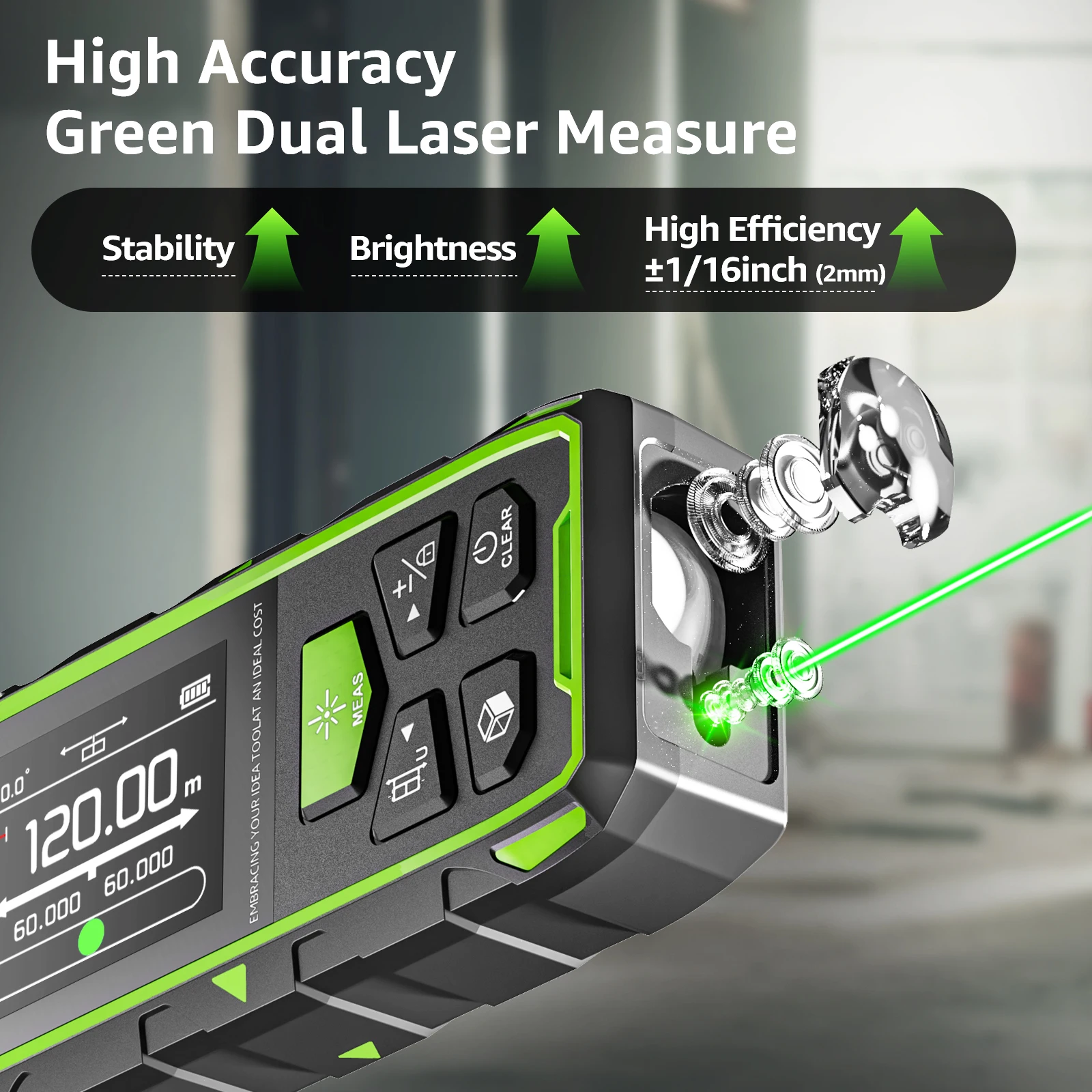 Huepar telêmetro laser duplo medidor de laser de feixe verde 120m/200m ferramenta de medição de unidades múltiplas com display lcd retroiluminado e usb - Image 2