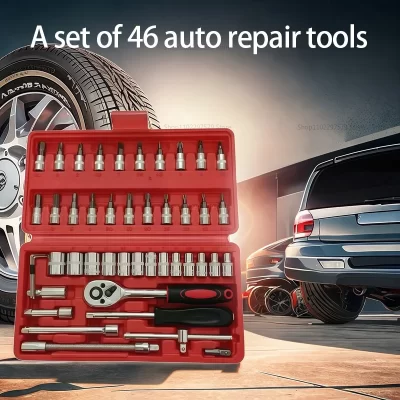 Conjunto completo de chave de catraca para motocicleta, 46 peças, 1/4 unidades, kit completo de reparo de carro para ferramentas de manutenção de automóveis e bicicletas