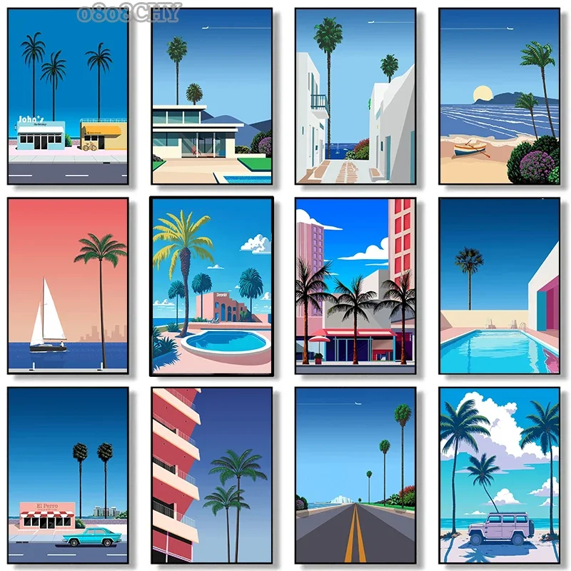 Japão praia cidade verão arte da parede cartazes impressões hiroshi nagai vaporwave pintura em tela fotos de parede nordic sala estar decoração