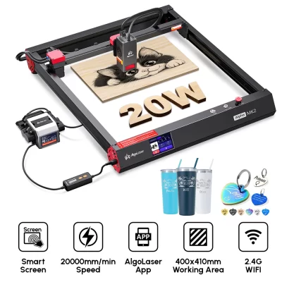 Algolaser alfa mk2 poderosa máquina de gravação a laser 20w com tela inteligente, bomba de ar e ligadores para diy metal vidro acrílico gravar corte
