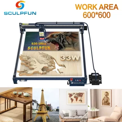 Sculpfun s30 ultra 33w máquina de gravação a laser área 600x600mm com assistência automática de ar lente substituível proteção para os olhos para madeira