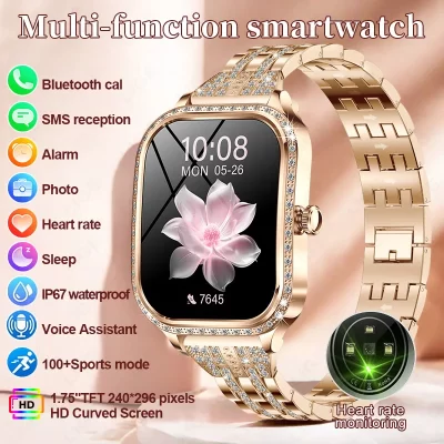 Lige moda feminina relógio inteligente 1.75 polegada tela curvada esporte pulseira bt hd chamando relógio ip68 à prova dip68 água caso diamante smartwatch