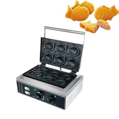 Máquina comercial de waffle elétrica taiyaki, 6 peças, 1500w, revestimento antiaderente, máquina comercial de lanche, 110v/220v