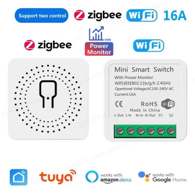 Zigbee WiFi Interruptor Inteligente com Monitor de Energia, Módulo Interruptor Luz Tuya, DIY Breaker Relé, Voz para Alexa e Google, 16A