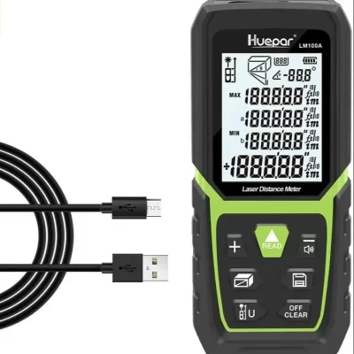 Huepar medida de distância a laser 50/100/120 metros retroiluminado lcd laser rangefinder m/in/ft com bateria de íon-lítio e sensor de ângulo elétrico