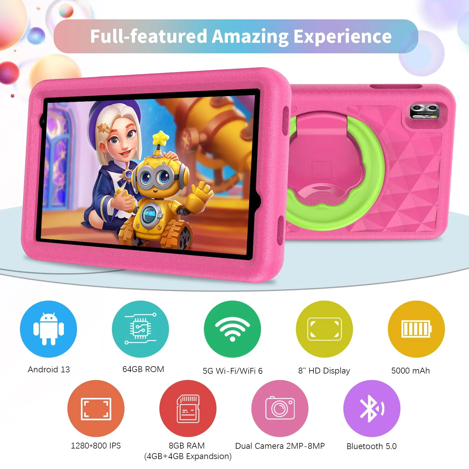 VASOUN Kids Tablet 8 Inch, Android 13 Quad Core, 8GB(4+4expand)RAM+64GB ROM, 5000mAh, Dual Camera, WiFi, Parental Control - Image 2