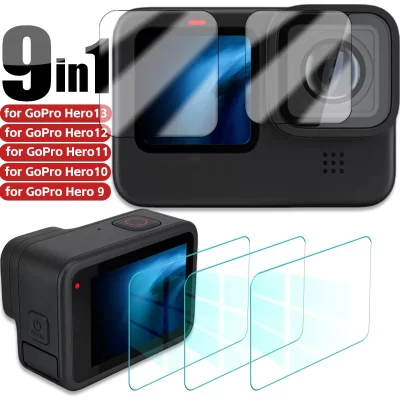 Protetor de tela 9 em 1 para gopro hero 13 12 11 10 9 preto hd filmes de vidro temperado transparente para gopro hero11 10 9 hero12 hero13