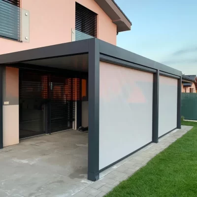 Manufacturers Outdoor Bioclimatic Backyard Motorized Louvered Roof Garden Gazebo with Windproof Roller Blinds Aluminum Pergola