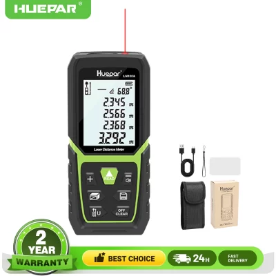 Huepar-Telêmetro a laser recarregável, medidor de distância, ferramenta de medição, tela LCD, fita digital, 50m, 100m, 120m