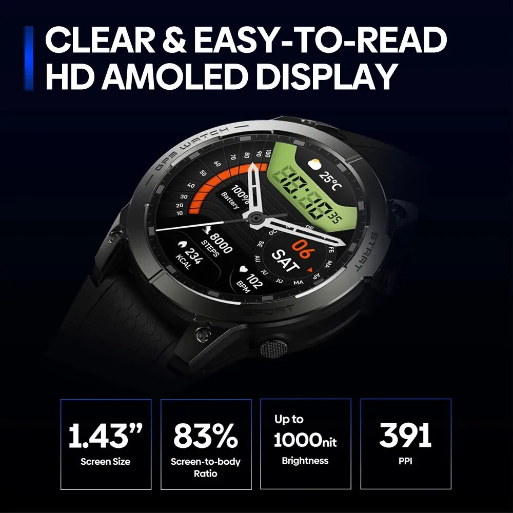 Novo zeblaze stratos 3 pro gps relógio inteligente 1.43 "hd amoled display embutido gps bluetooth chamadas telefônicas esportes smartwatch para homem - Image 3