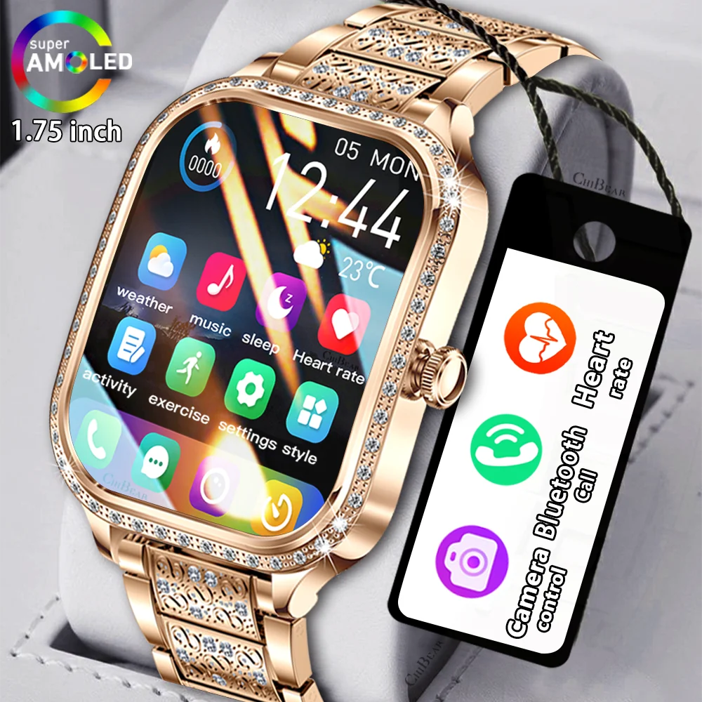 Nova moda feminina relógio inteligente freqüência cardíaca 1.75 Polegada 240*296 tela hd diamante relógio bluetooth chamada à prova dwaterproof água smartwatch senhoras