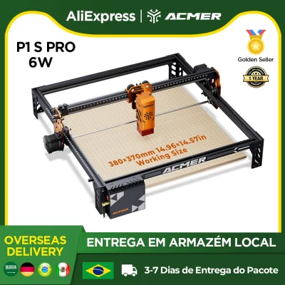 ACMER P1 S PRO 6W Gravador a Laser de Diodo Azul CNC com Módulo WiFi e Controle Offline via APP Laser para Gravação e Corte Compatível com Madeira Compensada Couro Acrílico Vidro Ferramenta de Marcenaria