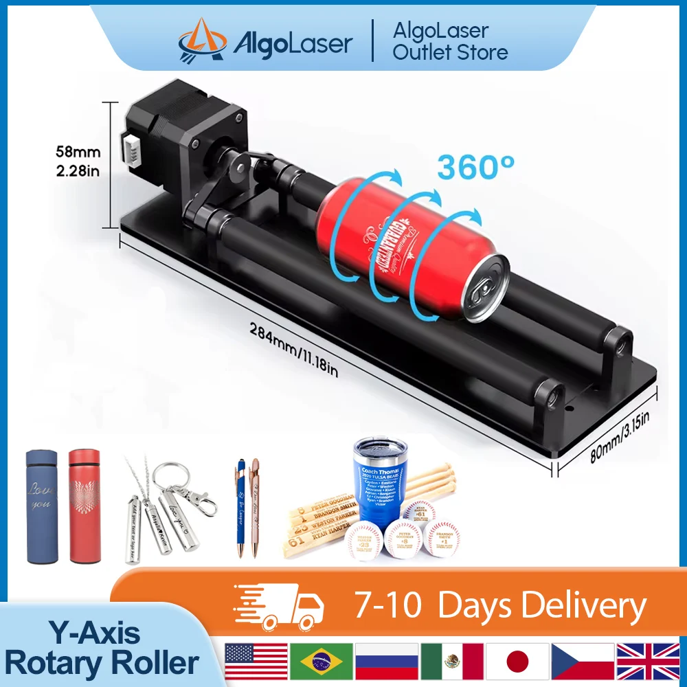 AlgoLaser Laser Rolo Rotativo Gravador Laser Eixo Y Eixo Extra Rolo Rotativo 360 ° Rotação para gravação em corte a laser