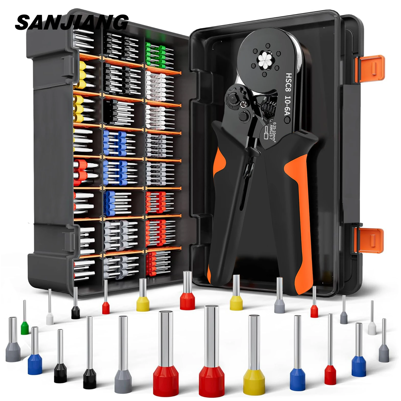 Hexagonal Auto-Ajustável Ratchet Virola Crimping Tool Kit, Crimper Kit com Mangas Virola, Terminais de Fio, 23-7AWG, 0.25-10 mm2