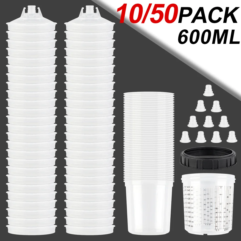 10/50 PCS 600ml Copos de mistura descartáveis para pulverizador de tinta não limpa,conjunto de forros e tampas de lata de aerógrafo substituíveis, copos de tinta graduados transparentes para pintura em spray de carro