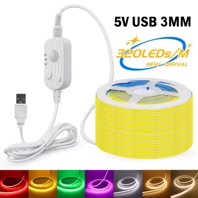 Tira de luz led cob sensor de movimento fita de diodo flexível 3mm 5v usb linear iluminação interna lâmpada sala diy tv espelho backlight