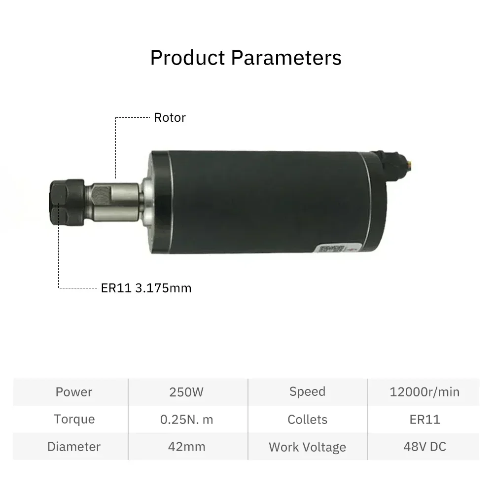 Motor de eixo sem escova bldc 48v 200-500w er11/er16 pinça 12000rpm motor de torno cnc de alta velocidade sensor hall moagem de precisão - Image 3