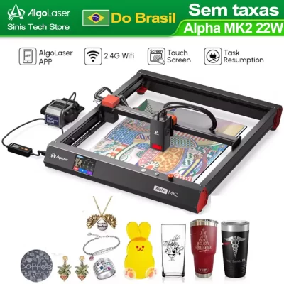 AlgoLaser Alpha MK2 22W Gravador a laser para madeira/acrílico Cortador a laser Ferramenta DIY Funcionamento de tela de 3,5 polegadas Máquina de gravação a laser inteligente