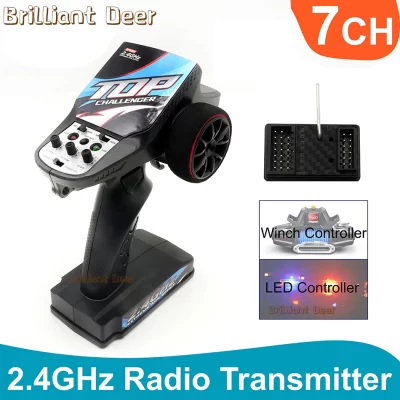 Sistema de rádio transmissor receptor com controle remoto, luz led, canais de guincho, atualizar peças para carro rc, barco, tanque, 2,4 ghz, 7ch