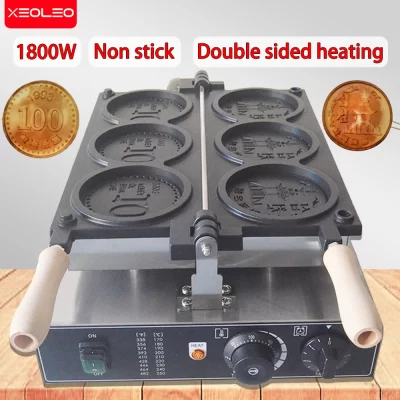Xeoleo comercial 3 pçs moeda waffle maker coreano moeda de ouro pão waffle máquina 1400w revestimento antiaderente elétrico/gás