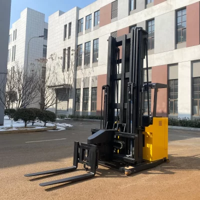 Empilhadeira elétrica de paletes de 3 vias, 1 tonelada, 1,5 toneladas, 2 toneladas, mastro triplex, pequeno corredor, empilhador de três vias para armazém