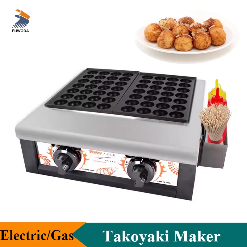 Máquina elétrica ou a gás takoyaki, 56 buracos, comercial, placas duplas, waffle, padeiro, mini takoyaki, polvo, máquina de fazer waffle