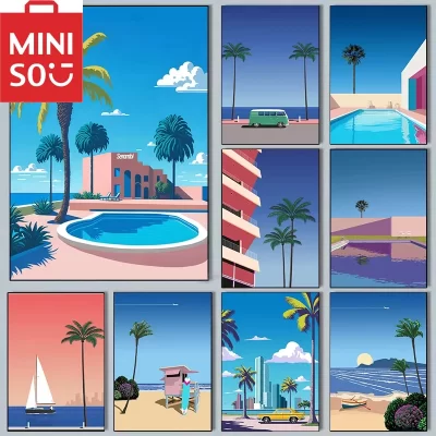 Miniso 5d diy hiroshi nagai vaporwave japão praia cidade verão arte da parede pintura diamante fotos de parede nordic sala estar decoração