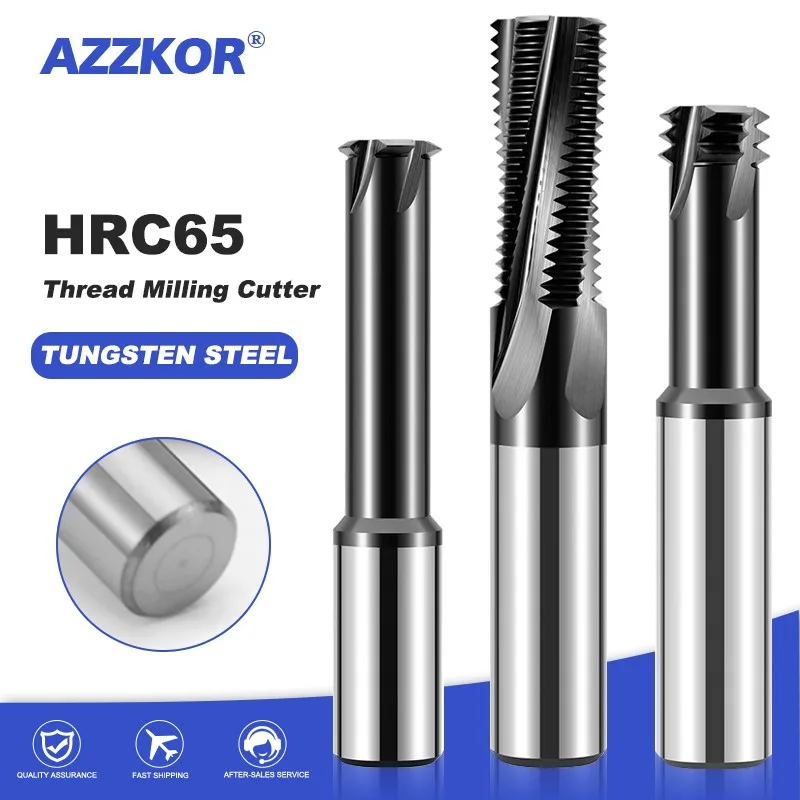 AZZKOR-Tungstênio Aço Carboneto Rosca Fresa, Centro de Usinagem CNC Ferramentas, Único, Três, Dente Completo, Preto Nano Revestimento, HRC65