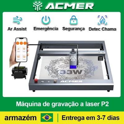 ACMER P2 33W 20W 10W Máquina de corte e gravador a laser com assistência de ar Bloqueio infantil Trilho industrial escultura em madeira couro metal lacado
