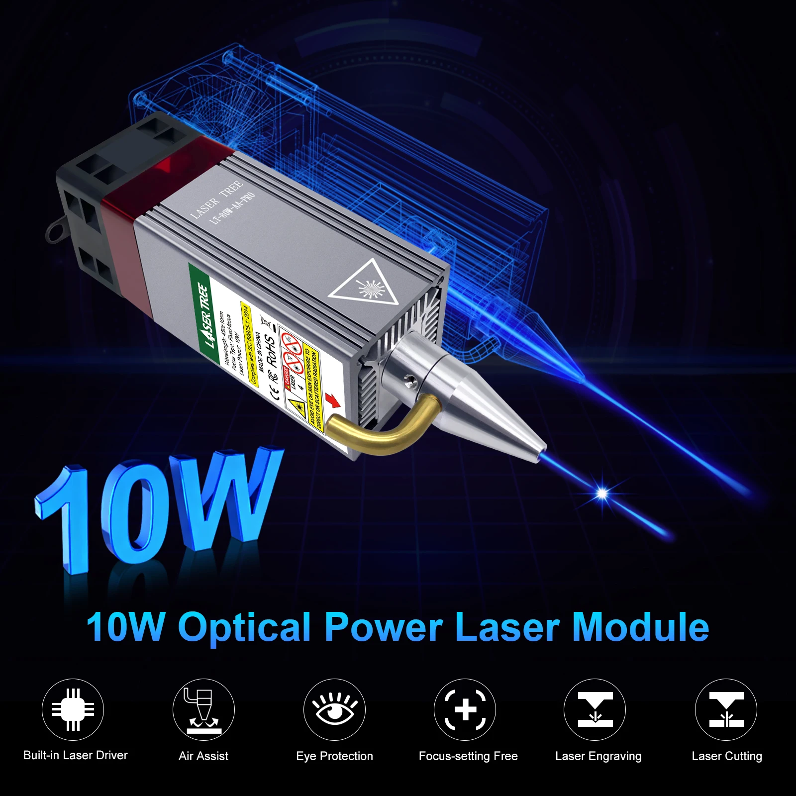 Módulo de Potência Óptica LASER TREE com Cabeça Laser Assistida a Ar, Luz Azul, Corte Gravador, Ferramentas de Madeira, TTL, 10W, 450nm - Image 6