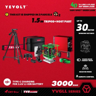 Yevolt yvgll4xs16 série laser verde nível 4 aviões 16 linhas auto-nivelamento 360 3d ferramentas de medição de energia horizontal e vertical