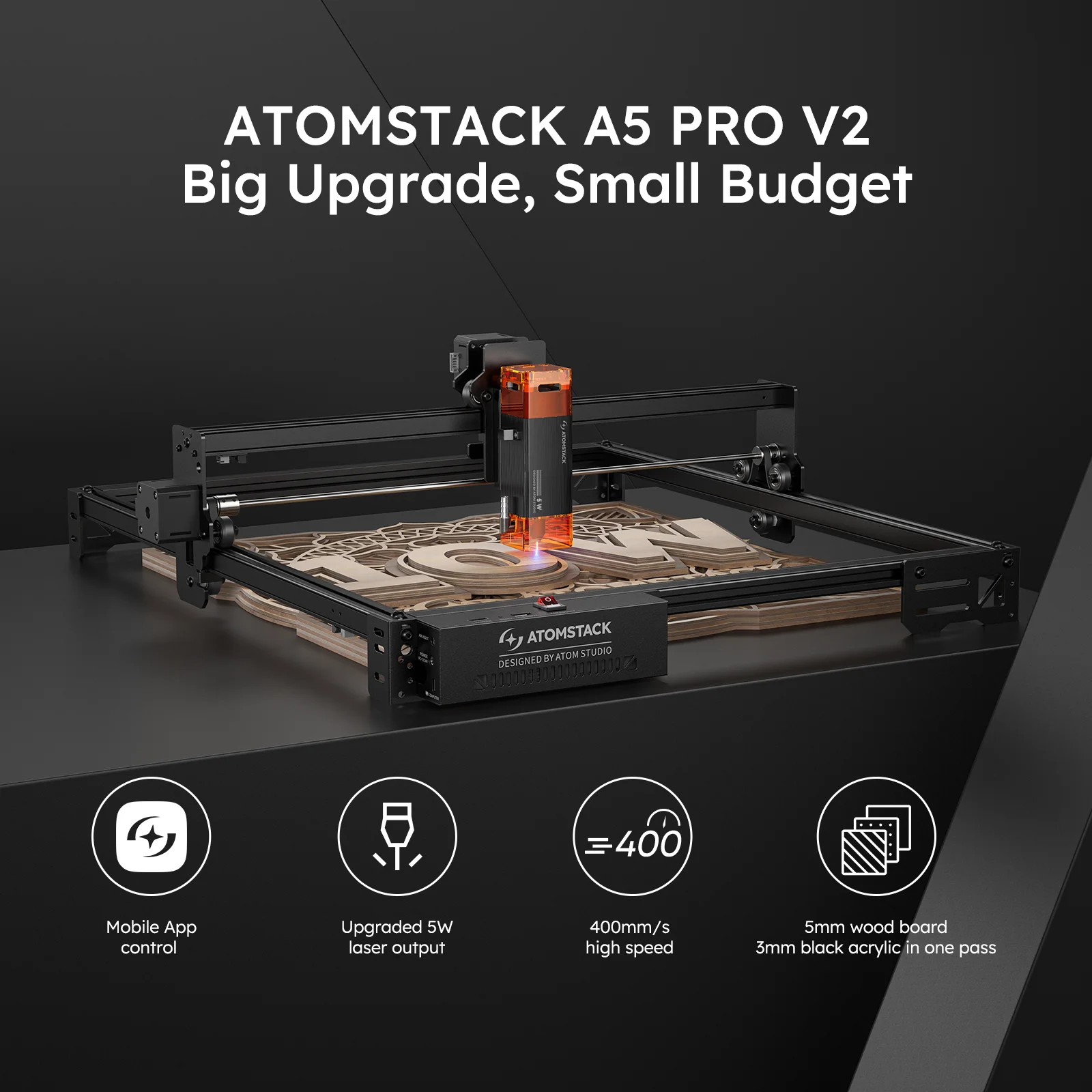 Atomstack a5 pro v2 5w cnc cortador de gravador a laser 410x380mm área trabalho acrílico madeira couro gravura corte livre controle app fora