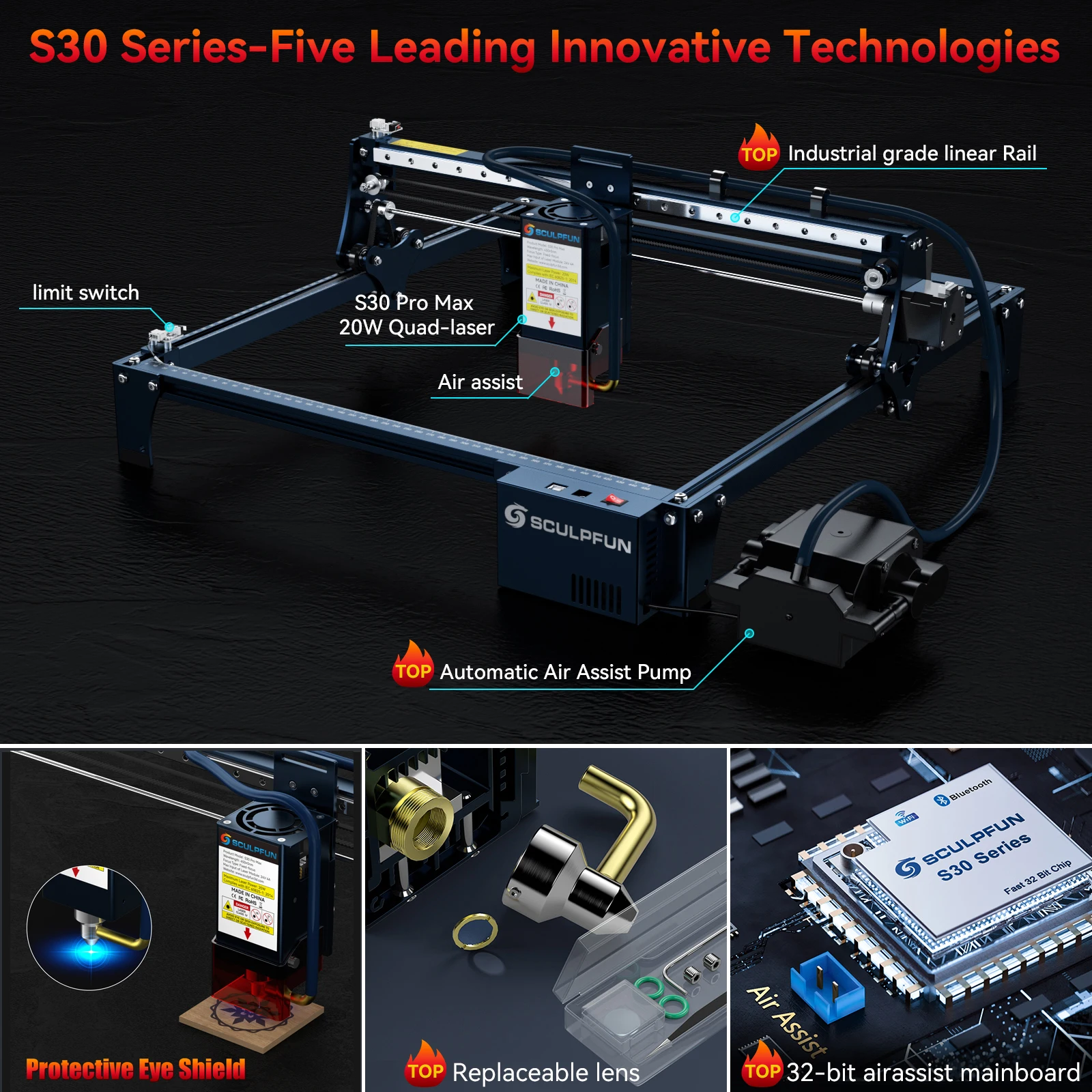 Sculpfun-Máquina de gravação a laser, Gravador a laser, Cortador com assistência automática a ar, Desktop DIY, S30 Pro Max, S30 Pro, S30 Pro, S30, 5W, 10W, 20W - Image 2