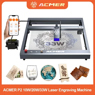 ACMER P2 33W 20W 10W Laser Engraving Cutting Machine with Air Assist Industrial Rail Laser Engraver Carving Wood Lacquered Metal