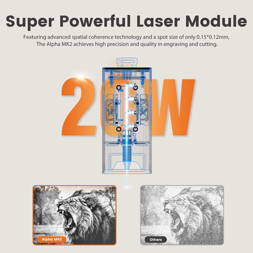 Algolaser alfa mk2 poderosa máquina de gravação a laser 20w com tela inteligente, bomba de ar e ligadores para diy metal vidro acrílico gravar corte - Image 4
