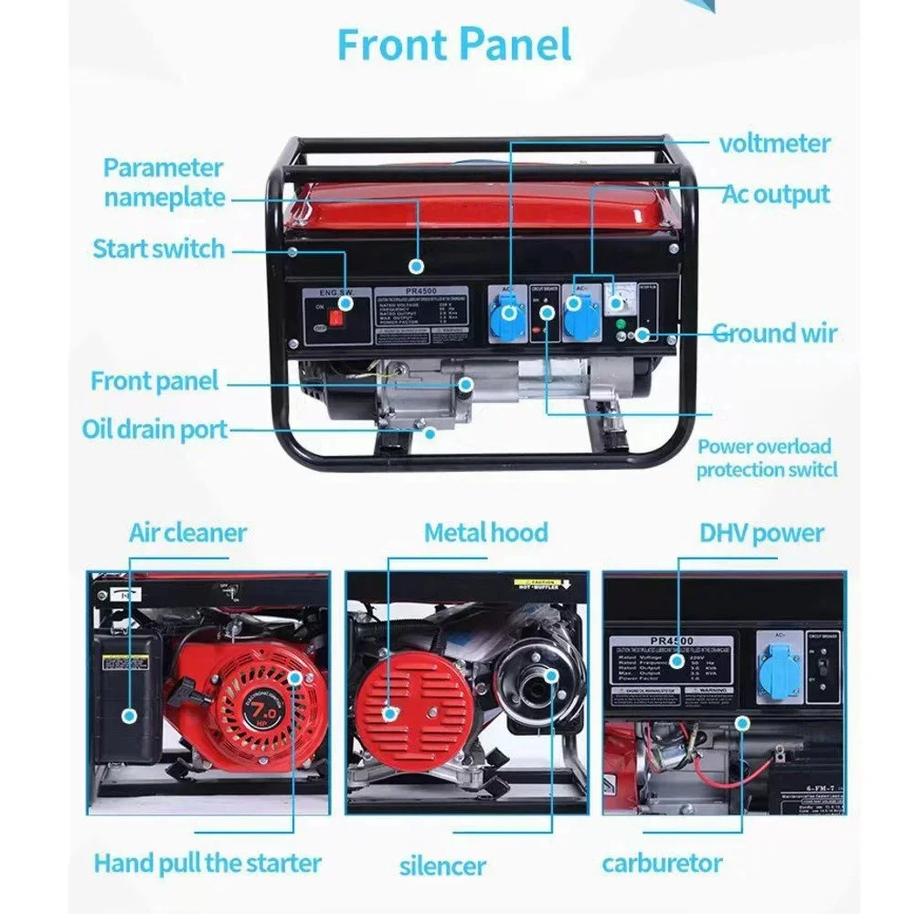 220V 3KW 7HP Household Electric Start Gasoline Generator Outdoor Camping 4 Stroke Generator Panel Dual Power Supply No Tire - Image 3