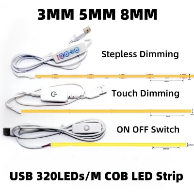 Usb stepless escurecimento cob led luz de tira 5v 320leds/m interruptor sensor toque 3mm 5mm 8mm ra90 diy cozinha sala tv espelho backlight